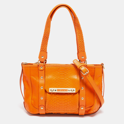 Pre-owned Versace Orange Python And Leather Front Pocket Hobo