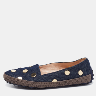 Pre-owned Tod's Navy Blue Denim Studded Espadrille Flats Size 36.5