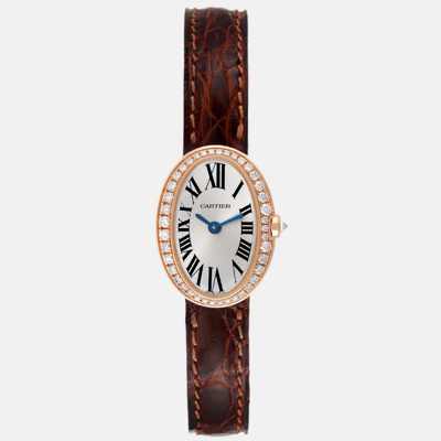 Pre-owned Cartier Silver Diamonds 18k Rose Gold Baignoire Wb520028 Women's Wristwatch 20 Mm