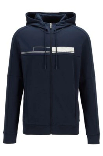 Shop Hugo Boss Hooded Zip-through Sweatshirt With Block-print Logo- Dark Blue Men's Sweatshirts Size 2xl