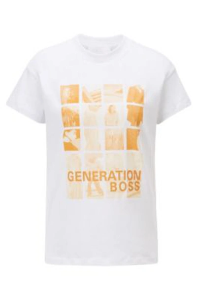 Shop Hugo Boss Relaxed-fit T-shirt In Recot Cotton With Collection-themed Print- White Women's T-shirts Size M