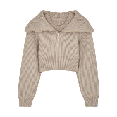 Shop Jacquemus La Maille Risoul Taupe Cropped Wool Jumper In Light Brown