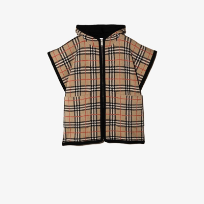 Shop Burberry Check Merino Wool Jacquard Hooded Poncho In Brown