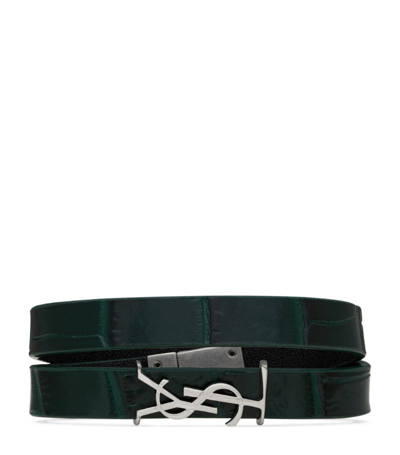 Shop Saint Laurent Leather Opyum Double Wrap Bracelet In Green