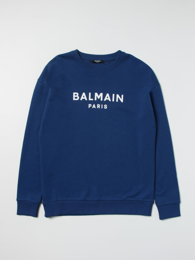 Shop Balmain Cotton Sweatshirt With Logo In Blue