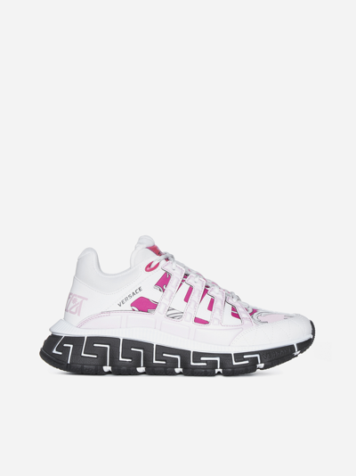 Shop Versace Trigreca Leather And Fabric Sneakers