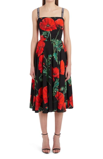 Shop Dolce & Gabbana Poppy Print Fit & Flare Midi Dress In Hn3qg Papaveri Fdo.nero