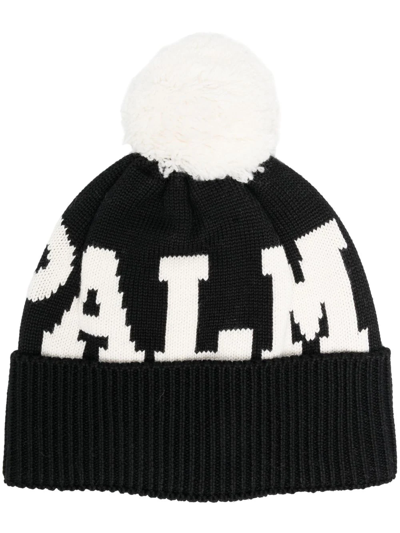 Shop Palm Angels Logo Knitted Pompom Beanie In Schwarz