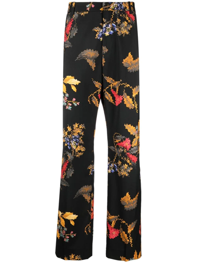 Shop Marcelo Burlon County Of Milan Floral-print Virgin Wool Trousers In Schwarz