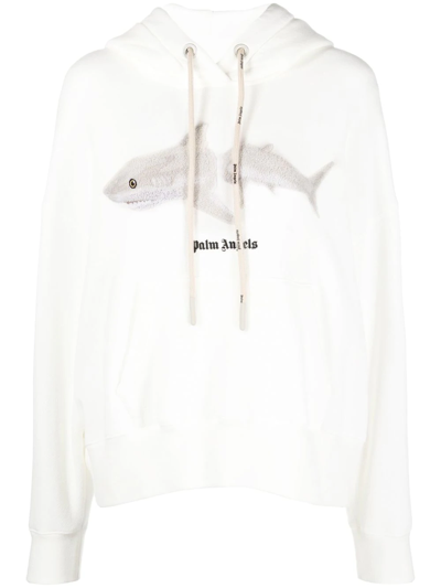 Palm Angels White Shark Cotton Hoodie In White