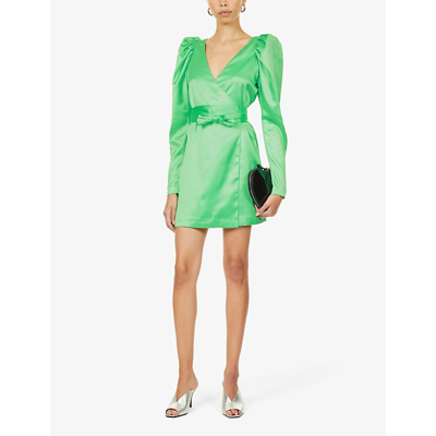 Shop Rotate Birger Christensen Bridget Wrap-over Recycled Polyester-blend Mini Dress In Spring Bouquet Green
