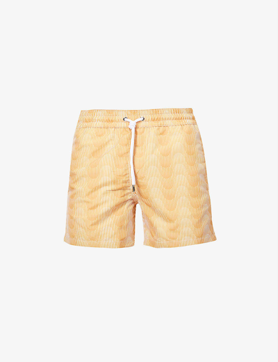Shop Frescobol Carioca Sombra Linear-pattern Regular-fit Recycled-polyester Swim Shorts In Amber Gold