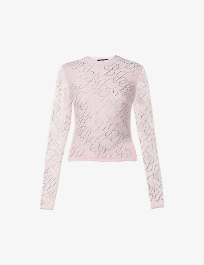Shop Blumarine Rhinestone-embellished Logo-print Tulle Blouse In Chalk Pink