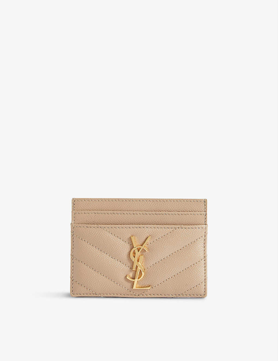 Shop Saint Laurent Monogram Leather Card Holder In Beige/gold