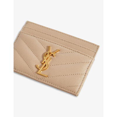 Shop Saint Laurent Monogram Leather Card Holder In Beige/gold