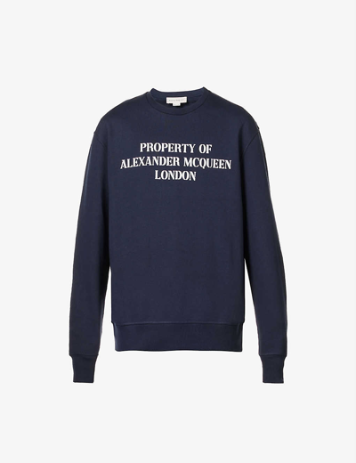 Shop Alexander Mcqueen Brand-print Relaxed-fit Cotton-jersey Sweatshirt In Navy/white