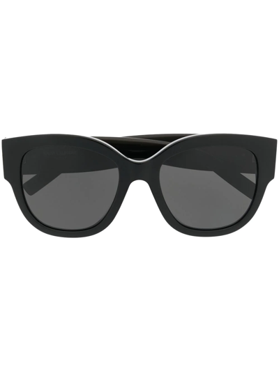 Shop Saint Laurent Logo-plaque Round-frame Sunglasses In Black