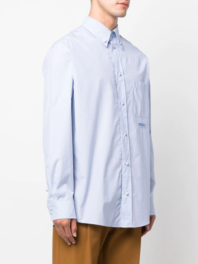 Shop Kenzo Logo-embroidered Buttoned-collar Shirt In Blue