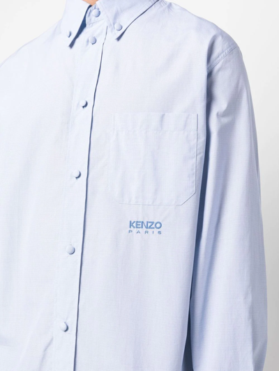 Shop Kenzo Logo-embroidered Buttoned-collar Shirt In Blue