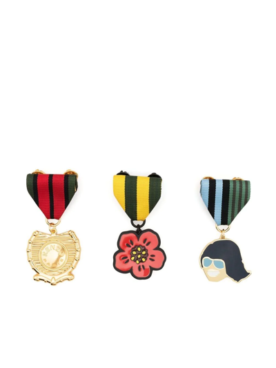 Kenzo Set Of Three Gold-tone, Enamel And Grosgrain Pins In Multi