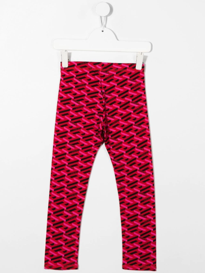 Versace Kids' La Greca Logo Stretch Cotton Leggings In Red