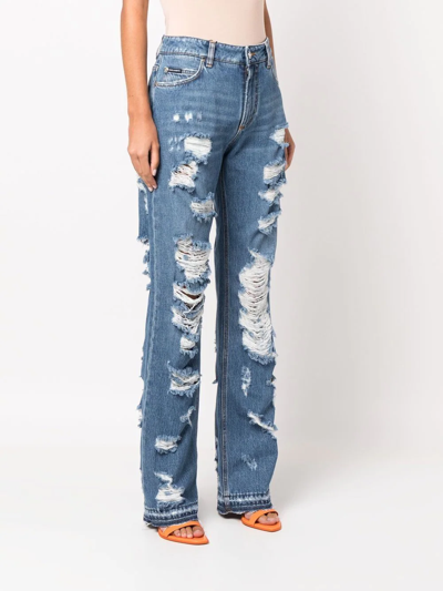 Shop Dolce & Gabbana Distressed Wide-leg Jeans In Blue