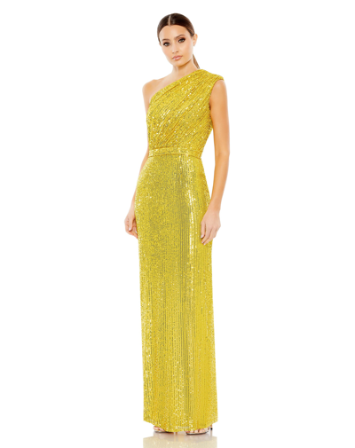 Shop Ieena For Mac Duggal Sequined Ruched One Shoulder Gown In Yellow