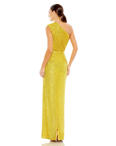 Shop Ieena For Mac Duggal Sequined Ruched One Shoulder Gown In Yellow