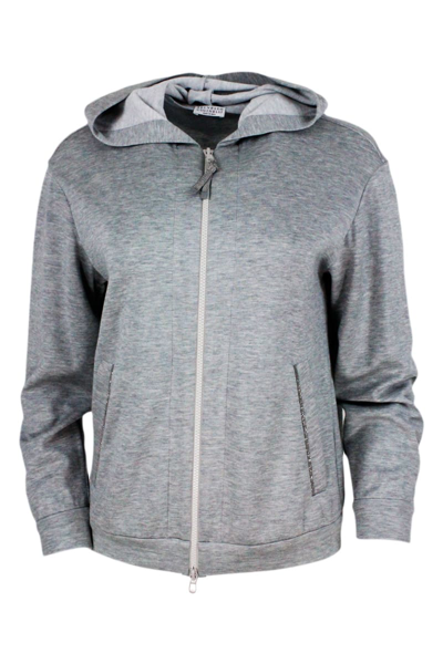 Shop Brunello Cucinelli Cotton And Silk Sweatshirt With Hood And Monili On The Zip Puller And Pockets In Grey