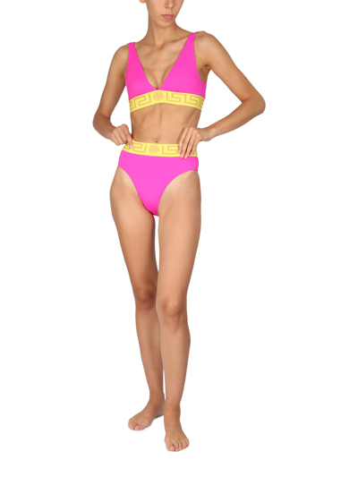 Shop Versace Bikini Top With Greek Border In Fucsia
