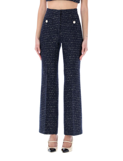 Shop Alessandra Rich Tweed High Waist Flared Pant In Navy