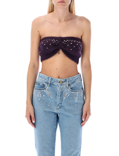 Shop Alessandra Rich Studded Strapless Knitted Cropped Top In Purple