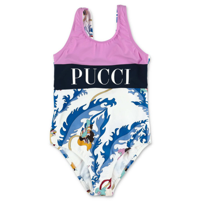 Shop Emilio Pucci Junior Logo Printed Sleeveless Swimsuit In Multi