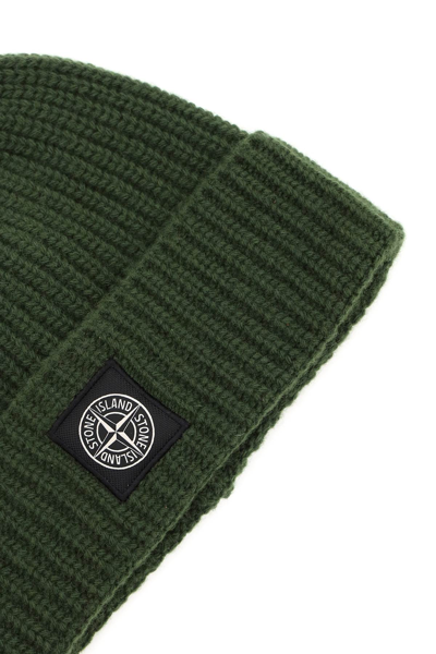 Shop Stone Island Wool Beanie With Logo In Green