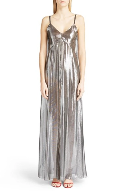 Saint Laurent Knotted Shoulder Lingerie Dress In Dark Silver Silk And Polyester Lamé