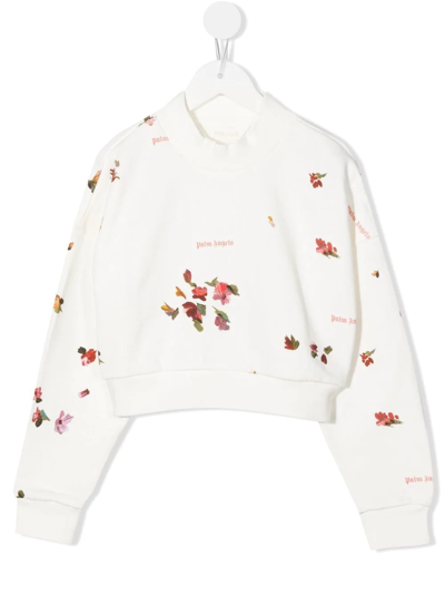 Palm Angels Floral-print Cropped Sweatshirt In White