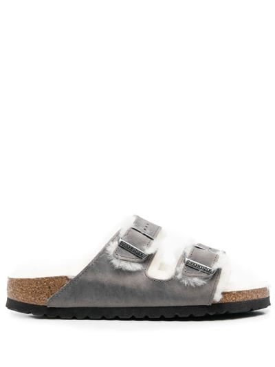 Shop Birkenstock Shearling-lined Double-strap Sandals In Grey