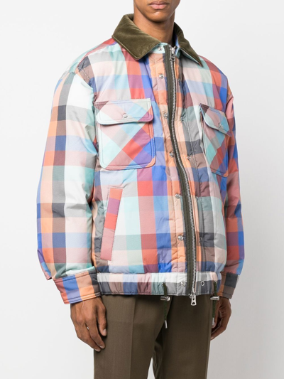 Shop Sacai Checkered Padded Shirt Jacket In Blue