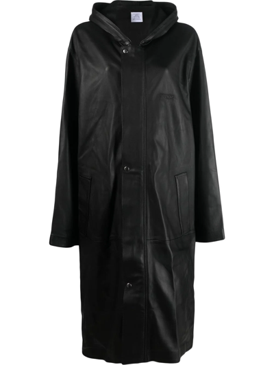 Shop Vetements Logo-patch Hooded Leather Coat In Black