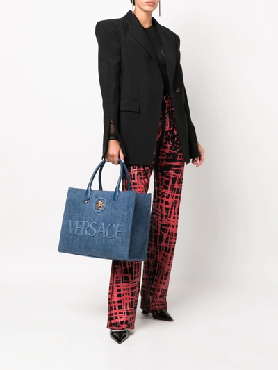 Versace Medusa Denim Tote Bag In Black
