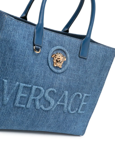Versace Medusa Denim Tote Bag In Black