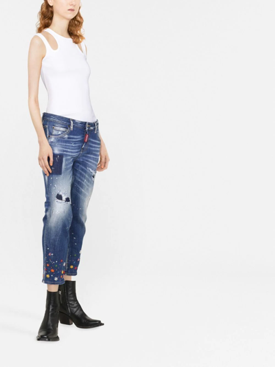 Shop Dsquared2 Floral-embroidered Skinny Jeans In Blue