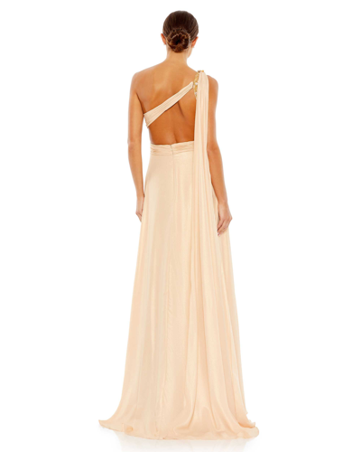 Mac Duggal Float One Shoulder Open Back Flowy Gown In Gold/nude