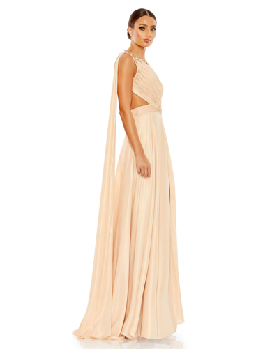 Mac Duggal Float One Shoulder Open Back Flowy Gown In Gold/nude