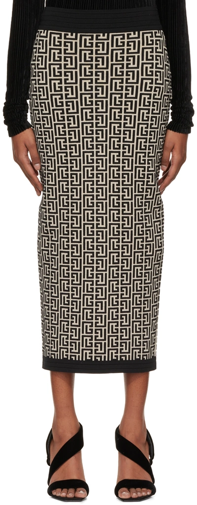 Shop Balmain Black & Beige Jacquard Midi Skirt In Gfe Ivoire/noir