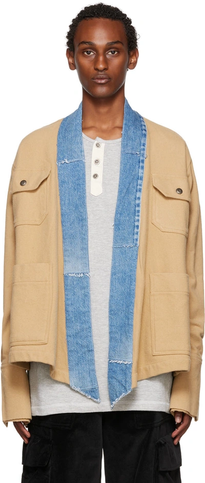 Greg Lauren Gl1 Shawl-collar Denim-trimmed Wool And Cotton-blend Twill  Jacket In Brown | ModeSens