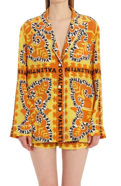 Shop Valentino Bandana Print Silk Button-up Shirt In 7bd Giallo/arancio/avorio