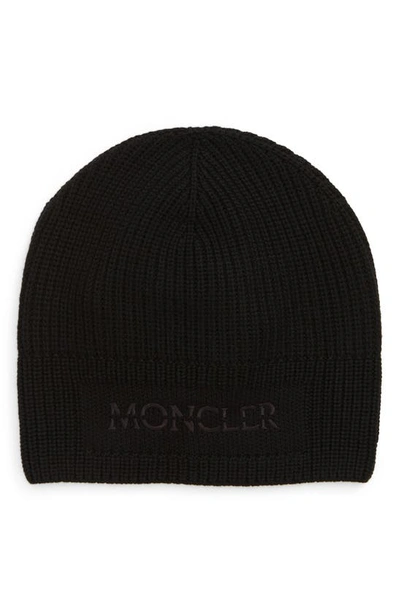 Shop Moncler Tonal Logo Virgin Wool Beanie In Black