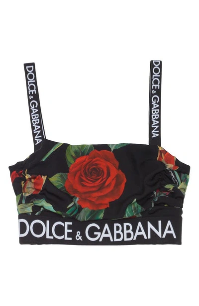 Shop Dolce & Gabbana Logo Floral Print Stretch Silk Bustier Crop Top In Hn2zo Rose Fdo Nero