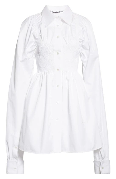 Shop Alexander Wang Smocked Stripe Cotton Poplin Button-up Shirt In White